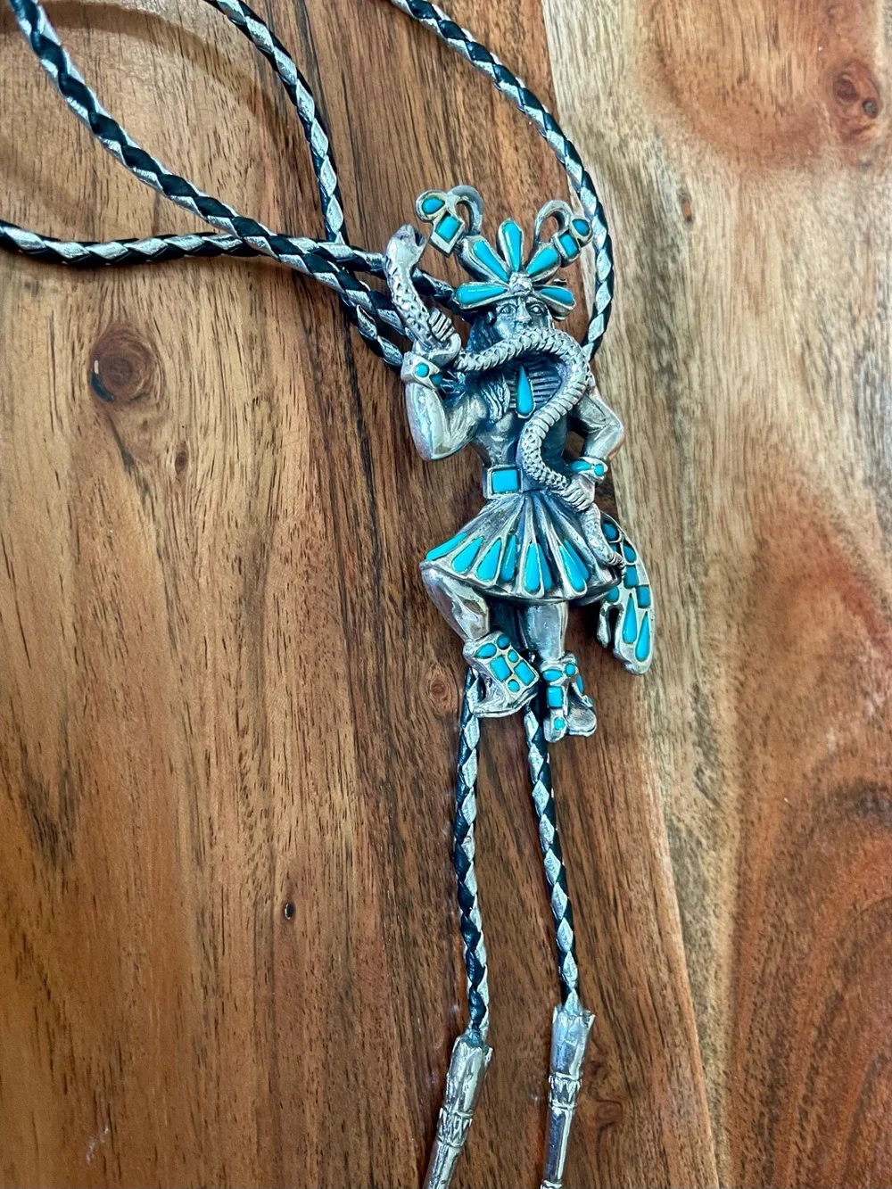 Vintage Southwestern bolo tie silver-toned Kachina dancer with snake